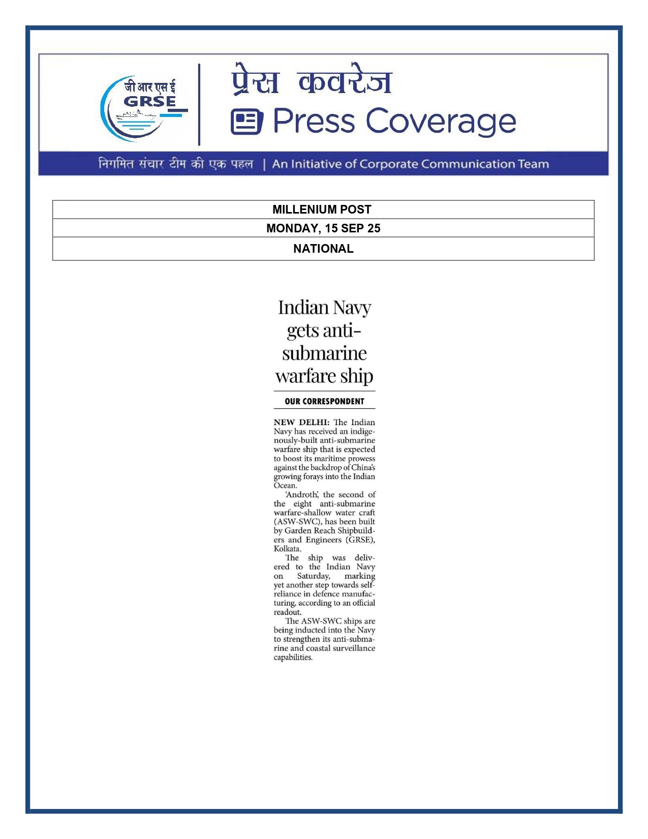 Press Coverage : 15 Sept 25:THE STATESMAN